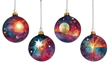 Four 2d illustrations of astronomy themed baubles in bold colours