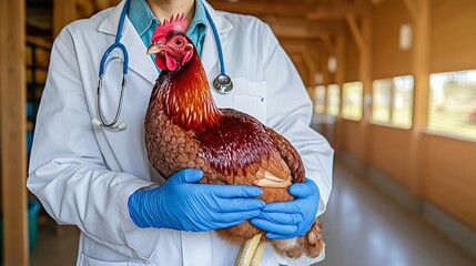 Veterinarian holding chicken in poultry farm, avian flu prevention