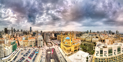 Beirut,Lebanon very wide aerial panorama with  Mohammad Al-Amin Mosque with dramatic sky
