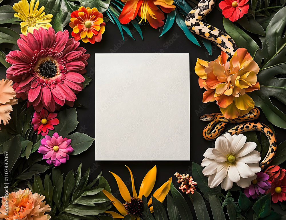 Poster a square white card surrounded by colorful flowers and leaves, with an empty space in the center for