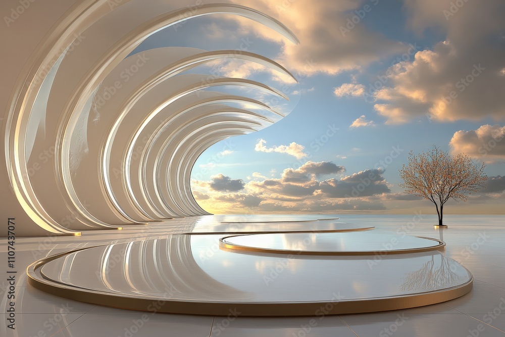 Poster an artistic representation of curved white structures featuring a single tree illuminated by a beaut