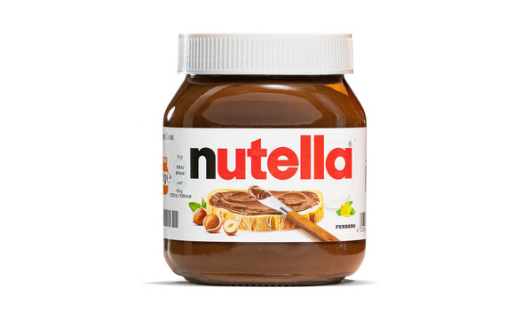 Pot Nutella, the popular brand name of a sweetened hazelnut cocoa spread, introduced to the market in 1964 by Italian company Ferrero. isolated, no background