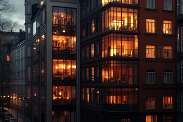 Obraz premium Warm lights illuminate glass facades of contemporary buildings, reflecting the beauty of urban life against a softly fading twilight backdrop, creating a cozy ambiance.