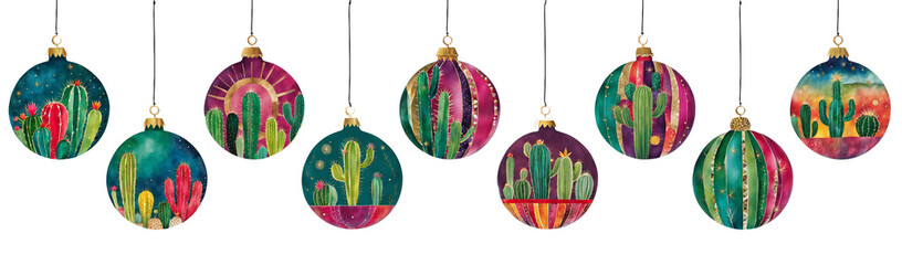 Nine cut paper illustrations of cacti inspired baubles in bold colours