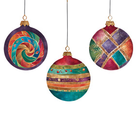 Three cut paper illustrations of bread inspired baubles in bold colours