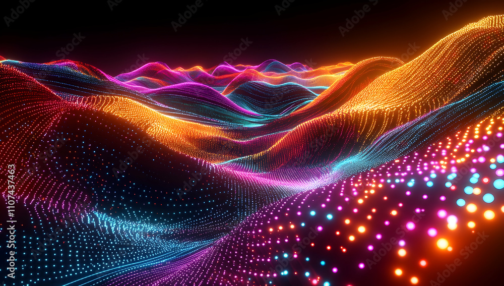 Poster 3d rendering of colorful, glowing neon dots flowing in a dark landscape with digital waves and a big