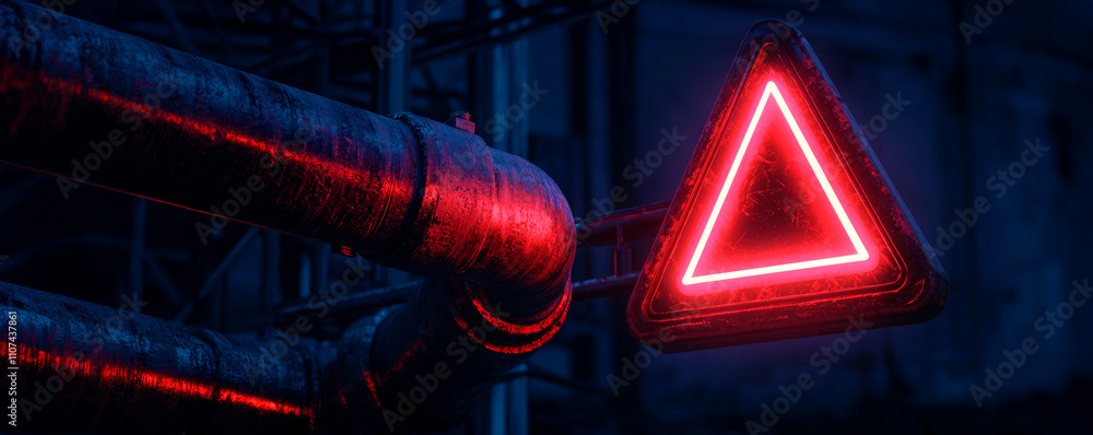 Poster red triangular warning sign illuminated in a dark environment.