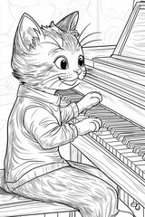 Cat Playing Piano Coloring Page for Kids