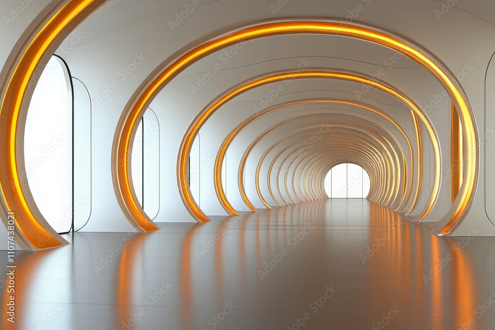 Poster an impressive corridor characterized by smooth curves and a radiant orange glow, creating an invitin