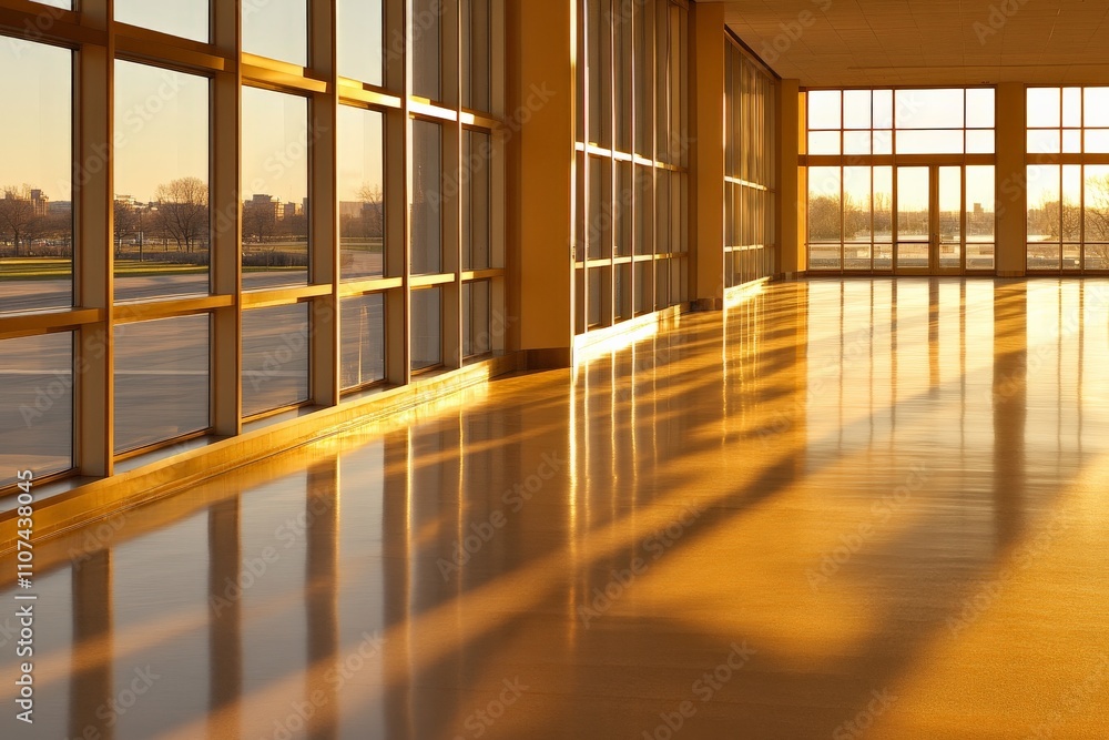 Poster a beautifully lit spacious area where golden sunlight streams through large windows, highlighting sl