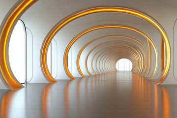 Obraz premium An impressive corridor characterized by smooth curves and a radiant orange glow, creating an inviting and futuristic atmosphere while emphasizing modern architectural design.