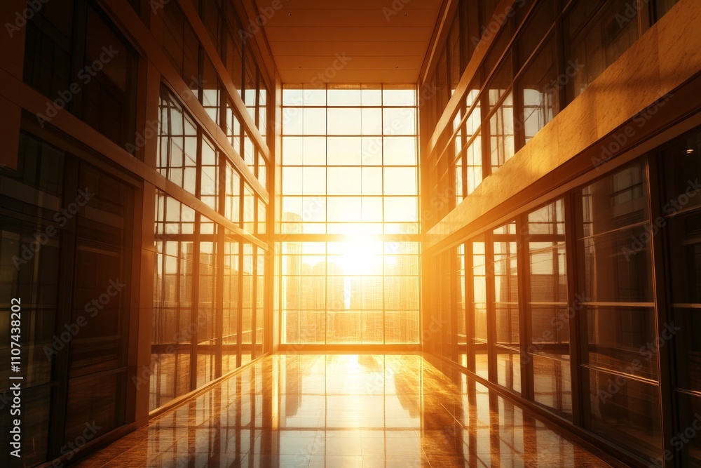 Poster the image captures a modern glass atrium illuminated by a stunning sunset glow, emphasizing the mini