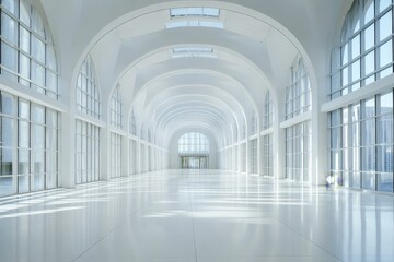 Fototapeta premium This pristine image showcases expansive white architecture highlighted by natural light streaming through large windows, expressing openness and contemporary design beauty.