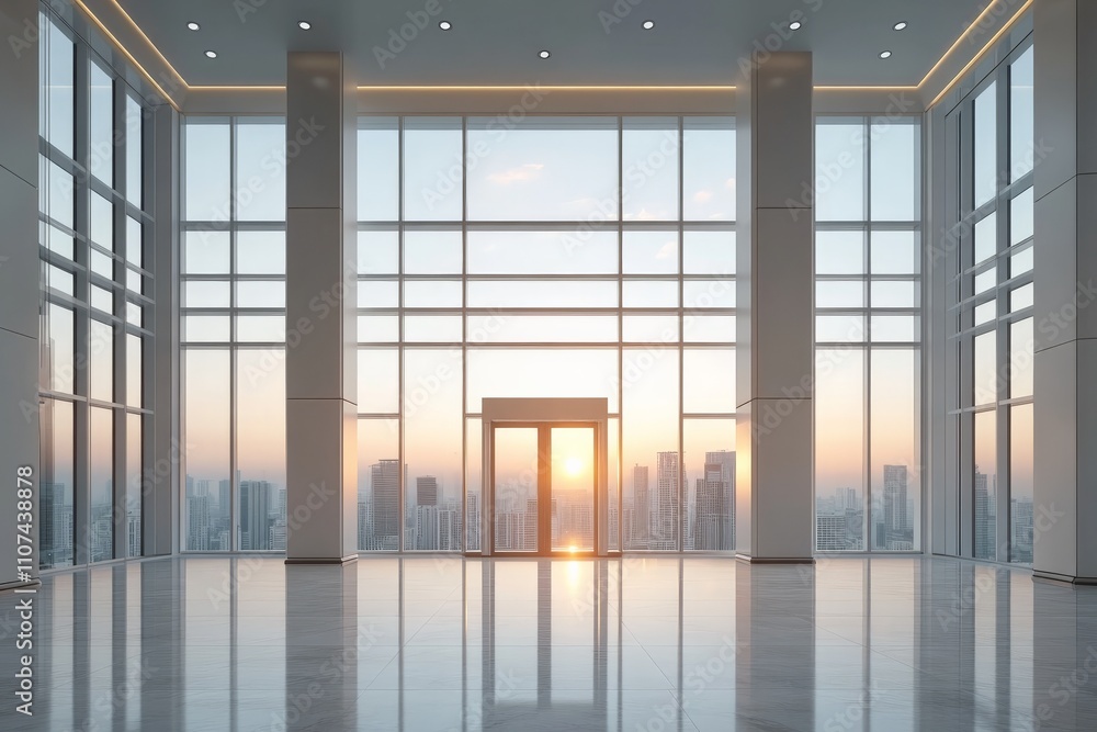 Poster the image depicts a large, open lobby featuring floor-to-ceiling windows that perfectly frame an enc