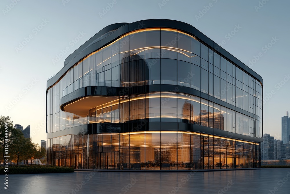 Poster a sophisticated architectural structure featuring a smoothly curved glass facade, capturing the soft