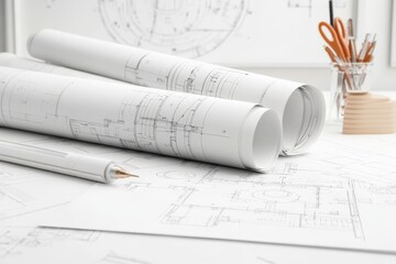 An organized display of blueprints and tools, emphasizing the detailed planning and precision required in architectural development and design processes.