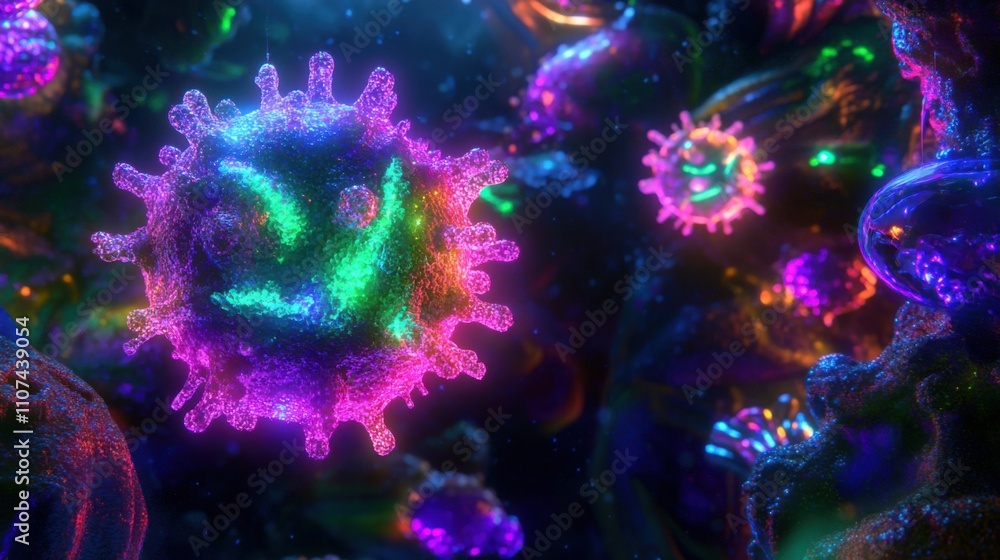 Poster colorful and vibrant microorganisms in a microscopic world, illuminating structures and shapes in a 