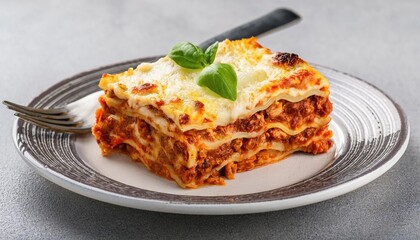 Piece of tasty hot lasagna on a plate. Tradishional Italian food
