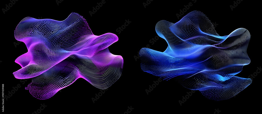 Poster vector background with two blue and purple lines made of dots, waves, or threads on a dark gradient.