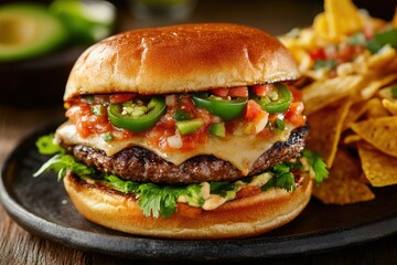 A gourmet hamburger with avocado, jalapenos, pepper jack cheese, and chipotle mayo, served on a toasted bun with a side of nachos, embodying a spicy and adventurous flavor profile.