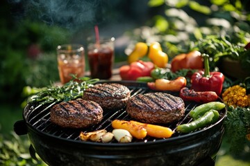 A rustic backyard barbecue scene with burgers grilling on the barbecue, surrounded by fresh vegetables, condiments, and a cold drink, embodying the joy of outdoor summer dining.