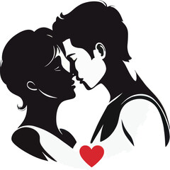 Silhouettes of a couple kissing, with a red heart.