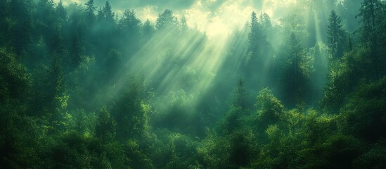 Fototapeta premium Sunbeams piercing through a misty, green forest.