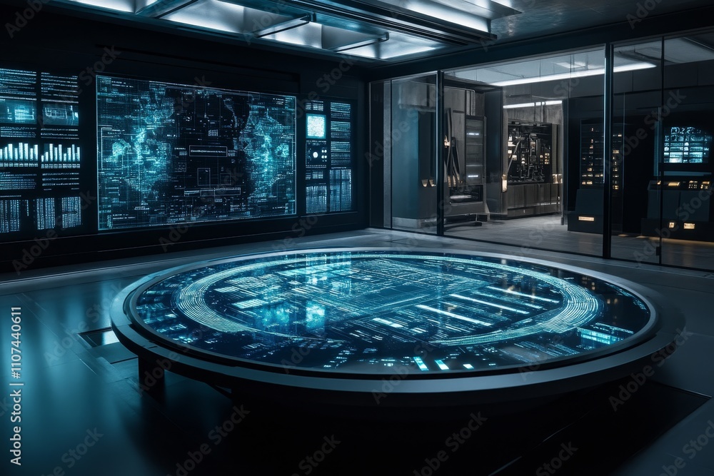 Poster high-tech futuristic control room featuring interactive holographic interface and advanced data visu
