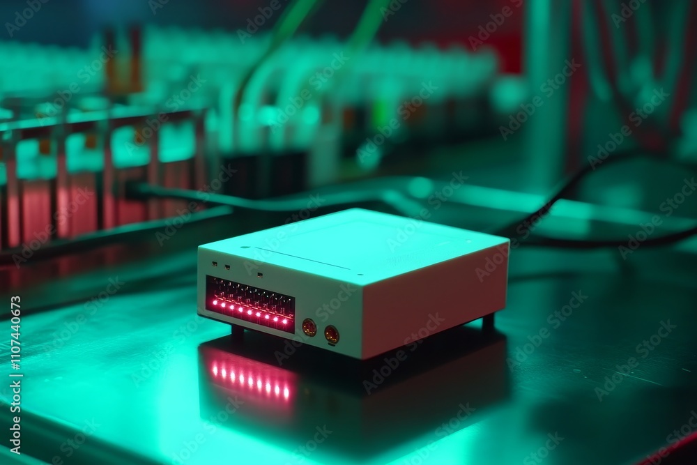 Poster high-tech laboratory equipment with led lights and colorful backgrounds for innovative research and 