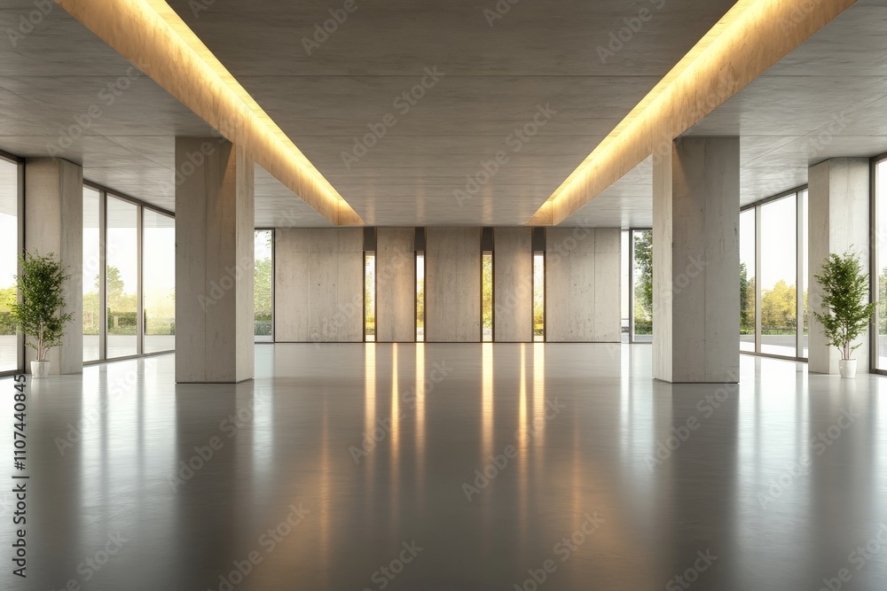 Aufkleber a spacious modern interior featuring concrete columns and greenery, creating a tranquil atmosphere w