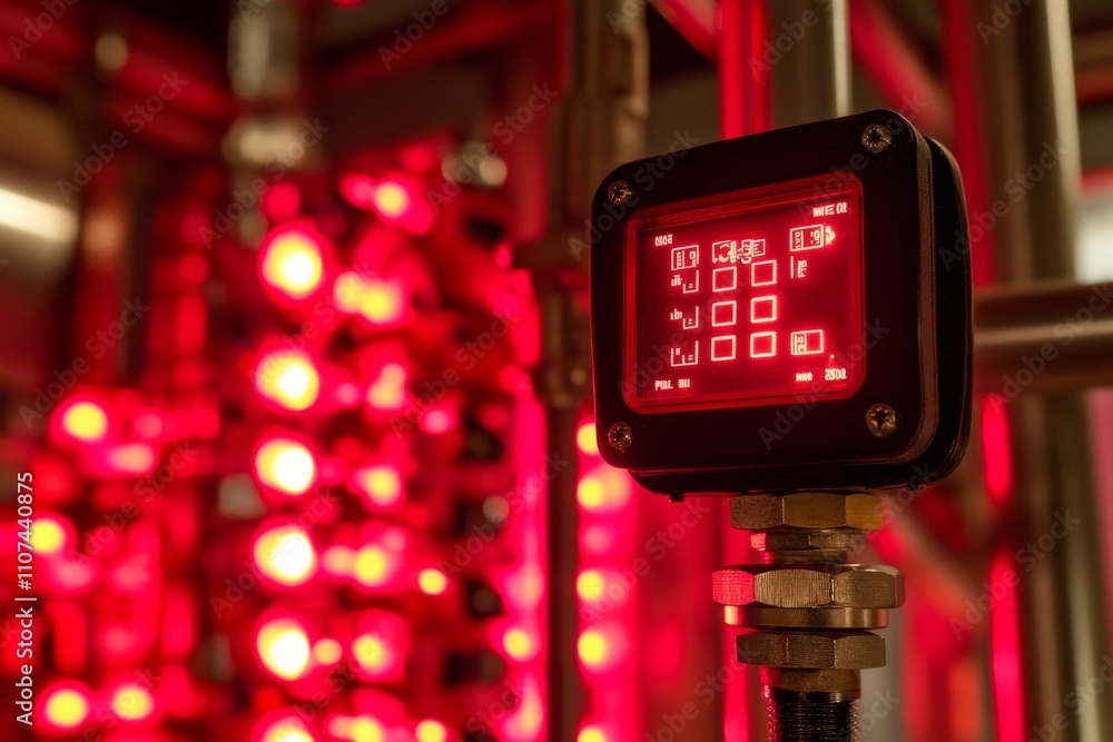 Poster illuminated control panel in industrial setting with red data display and surrounding machinery high