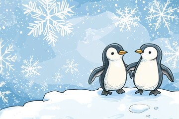 Obraz premium Two cheerful penguins stand together on an iceberg amidst falling snowflakes in a serene winter environment. Generative AI