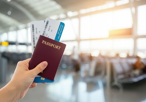 Hand holding passport and boarding passes at the airport, ready for travel