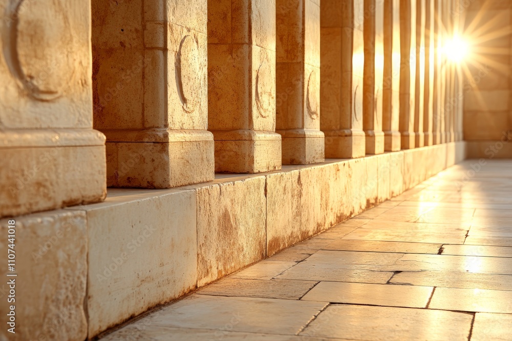 Poster the image features a serene perspective of ancient columns illuminated by the soft glow of sunset, c