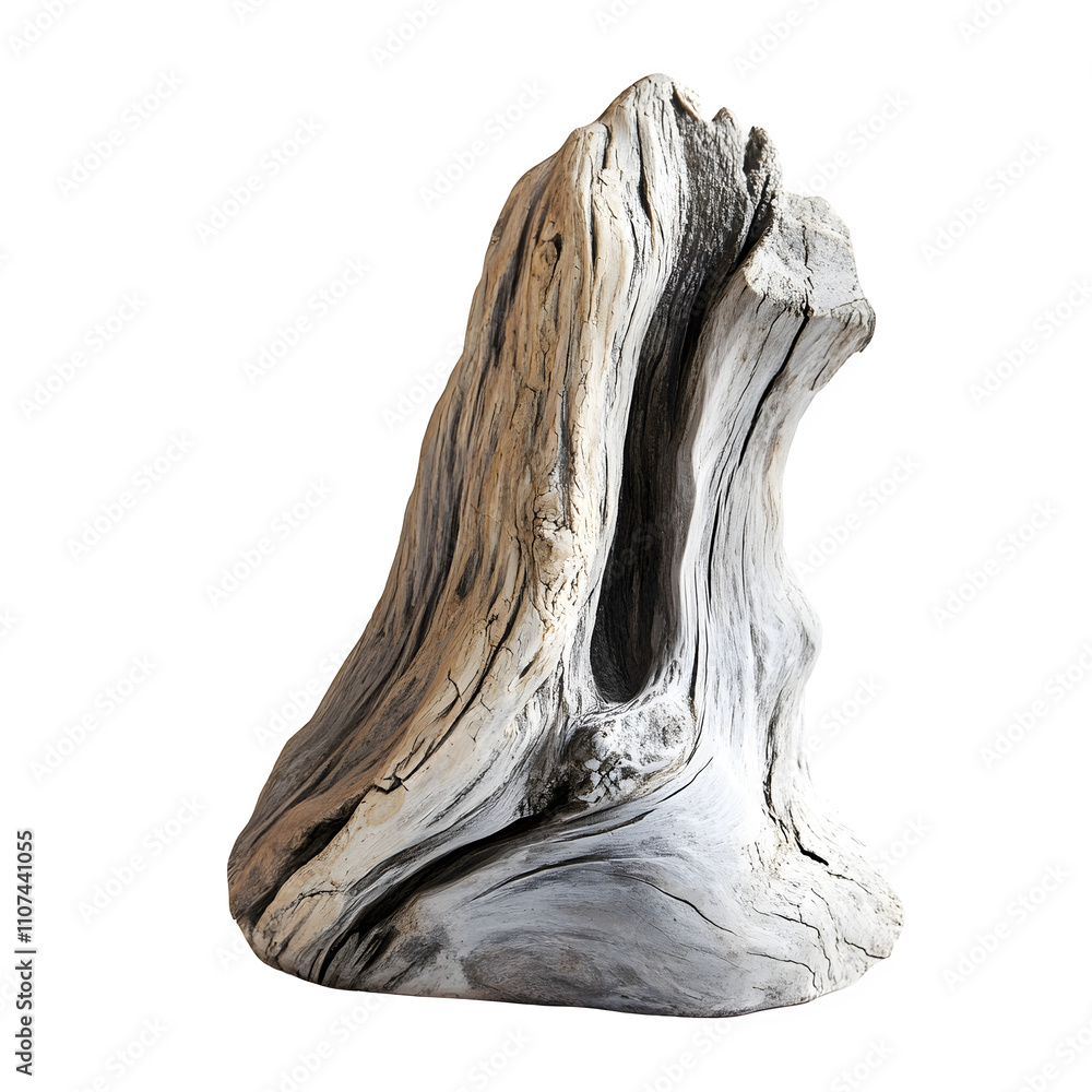 Aufkleber close-up of a weathered piece of driftwood, showing intricate textures and patterns, isolated on a t