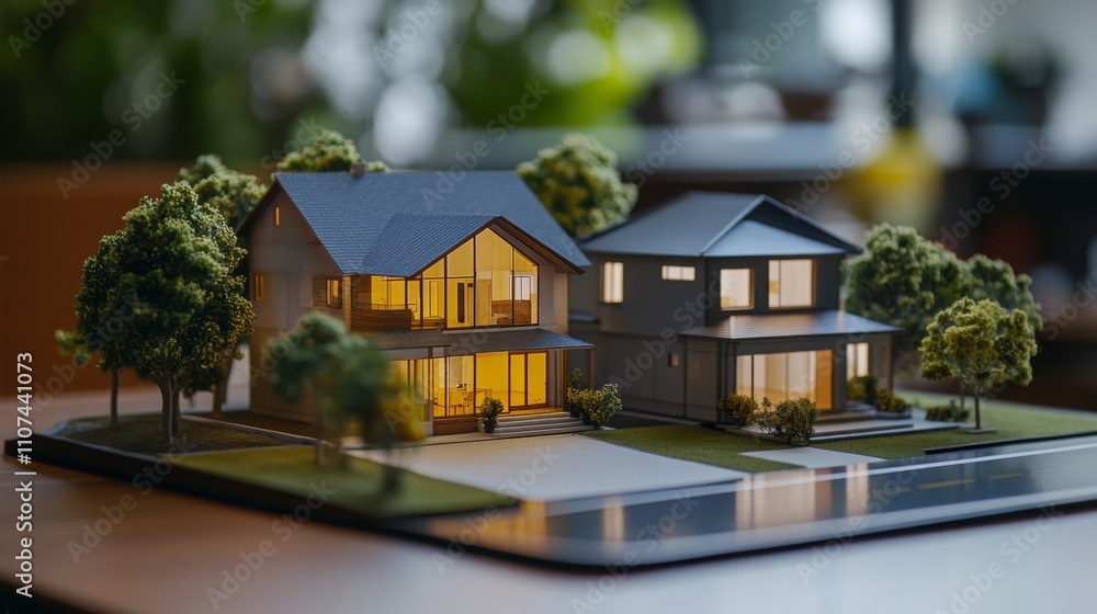 Poster a detailed miniature model displays two modern houses with large windows and illuminated interiors.