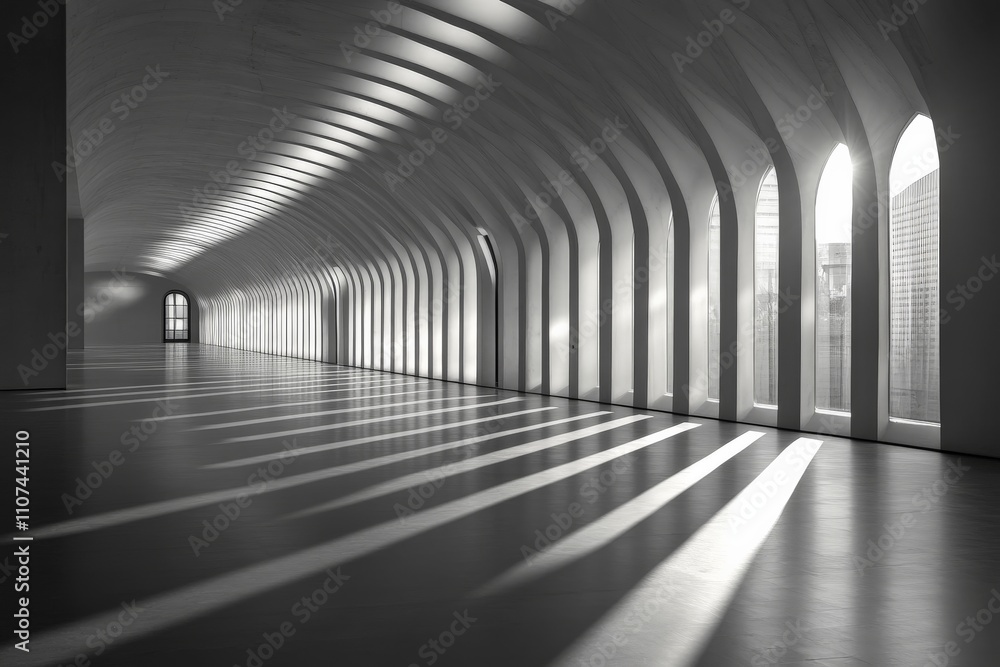 Aufkleber An elegantly designed minimalist interior showcasing intricate light patterns created by the architectural lines and openings, evoking a sense of calm and spaciousness.