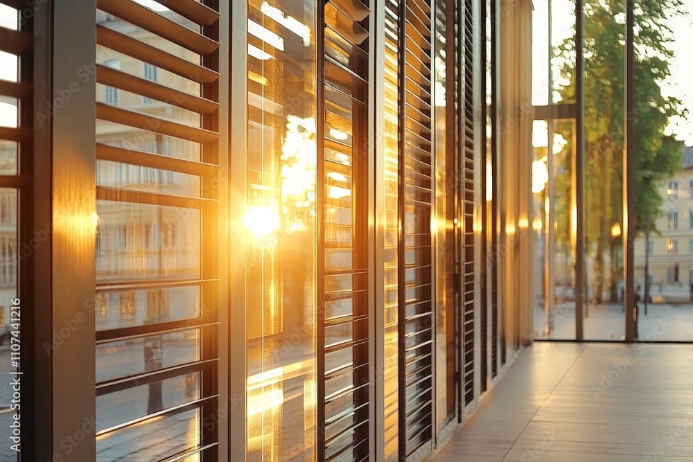 Aufkleber this photograph depicts sunlight streaming through metallic slats, creating dynamic patterns of ligh