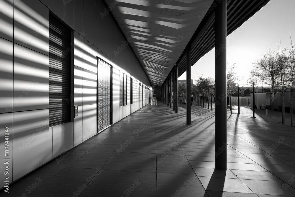 Poster this monochrome image presents a sleek passageway, highlighting the interplay of light and shadows, 