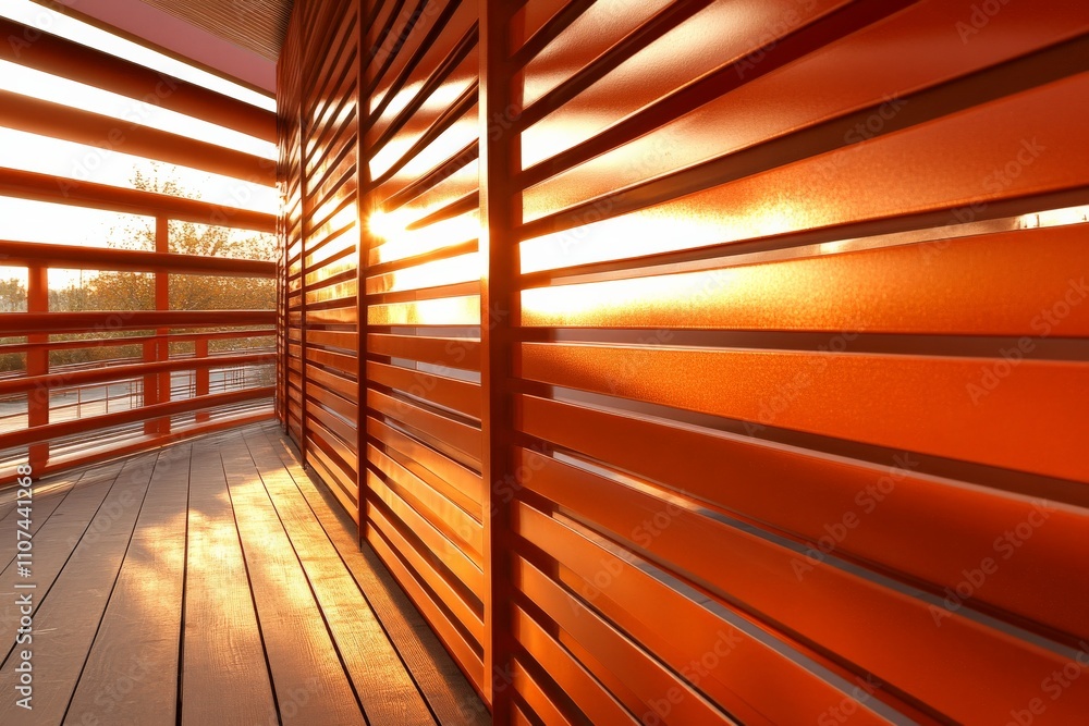 Poster a vibrant view of a wooden slatted structure allowing soft sunlight to filter through, creating an e