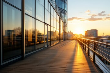 Fototapeta premium A stunning view of a modern building reflecting the vibrant colors of a sunset, highlighting the interplay between architecture and natural beauty in urban spaces.