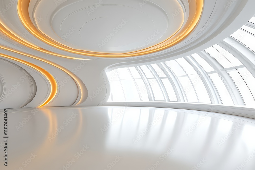 Poster this stunning image features a futuristic interior with soft, flowing lines illuminated by gentle li
