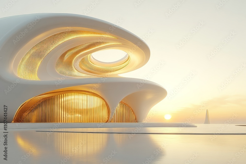 Poster this image reveals a sculptural building poised against a serene sunrise, highlighting its fluid arc