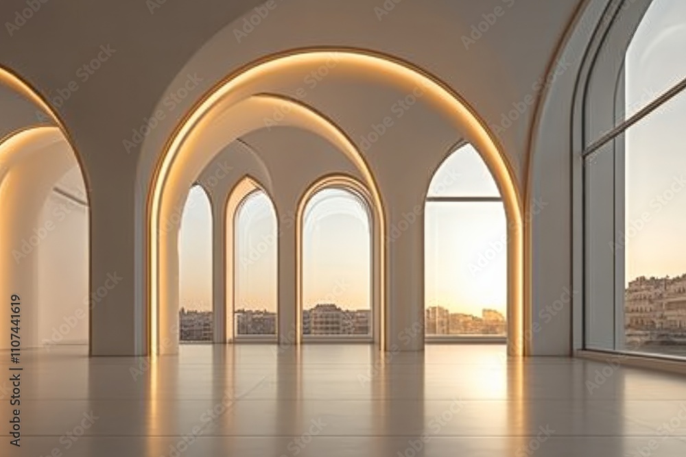 Poster this image features a spacious room with elegant arches and soft ambient lighting highlighting the m