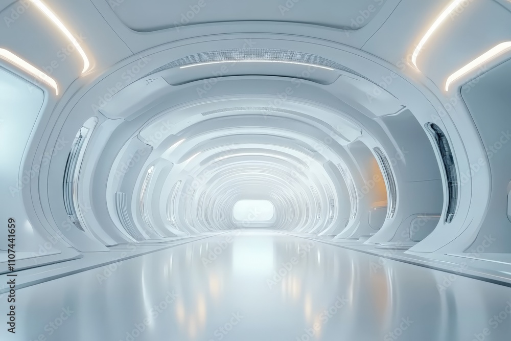 Poster the image shows a sleek white tunnel showcasing soft lighting effects, creating a serene feeling whi