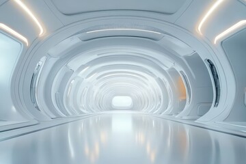Fototapeta premium The image shows a sleek white tunnel showcasing soft lighting effects, creating a serene feeling while inviting viewers to explore its endless perspective.