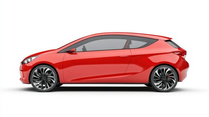 Obraz premium A sleek, modern red hatchback car displayed in profile view against a white background.