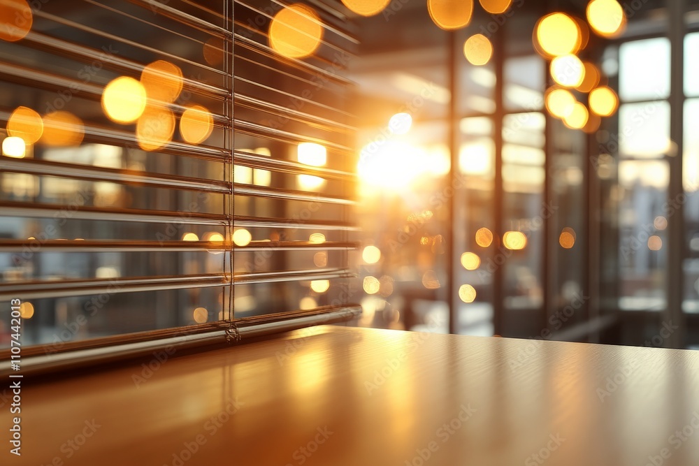 Aufkleber an artistic composition featuring bokeh lights and a sunset peeking through window blinds, creating 