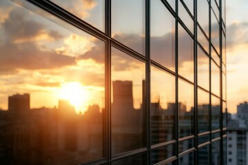 Fototapeta premium This image captures skyscrapers reflected in modern glass windows during sunset, illustrating the beauty of urban architecture and the dynamic interplay of light.