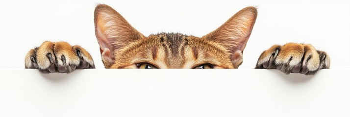Fototapeta premium A curious cat peeking over a white surface with its paws and eyes visible.
